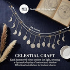 Boho Moon Phase Wall Hanging, Silver Hammered Metal LED Celestial Garland for Bedroom Witchy Home Christmas Decor