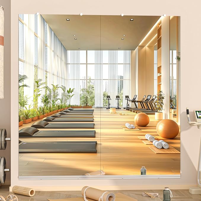 Hasipu Home Gym Mirror, 79"x36" Each, 1-Pack Frameless Wall Mounted Mirrors with Glass Clamps & 1 Aluminum Rail, Large Body Mirror for Home Gym, Yoga Studio, Bedroom, Silver Tempered Glass