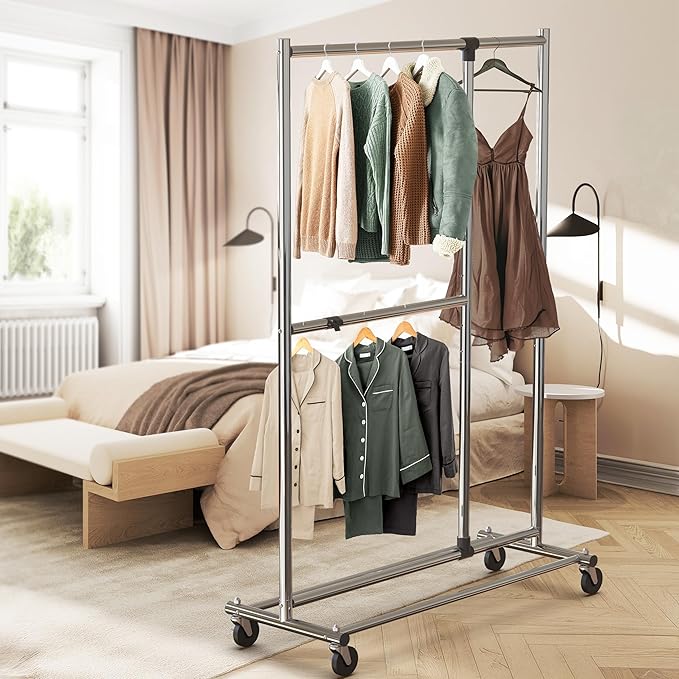 Simple Houseware Dual Bar Adjustable Garment Rack, Chrome, 72-inch Height