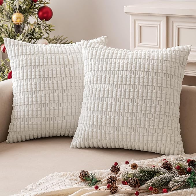 MIULEE Pack of 2 Corduroy Decorative Throw Pillow Covers 18x18 Inch Soft Boho Striped Pillow Covers Modern Farmhouse Home Decor for Sofa Living Room Couch Bed Pure White