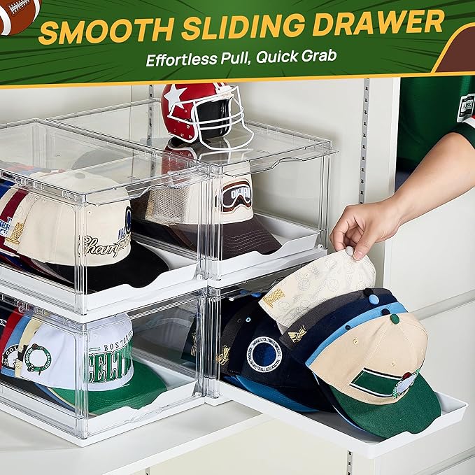 Vtopmart 6 Pack Hat Organizer for Baseball Caps, Clear Hats Holder Box with Drawer, Large Cap Storage with Sliding Tray, Stackable Rack Display Case with Magnetic Door, Each Holds 12 Hats