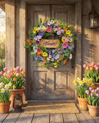 22 Inch Spring Summer Wildflower Wreath for Front Door, Colorful Floral Welcome Wreath with Blessed Sign Daisies Peonies for Wall Door and Porch Farmhouse Home Decor