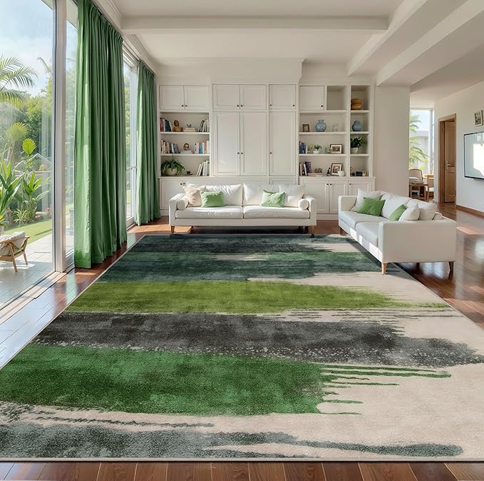 Ciicool Modern Abstract Green Rug for Living Room, 9'x12' Machine Washable Area Rug Non-Slip Rug, Low-Pile Contemporary Indoor Dining Floor Carpet for Bedroom Office Under Table Home Decor