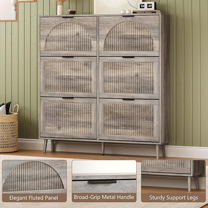 Shoe Cabinet for Entryway with 6 Flip Drawers, Slim Wooden Shoe Storage Organizer with Modern Fluted Pannel，Freestanding Narrow Hidden Shoe Rack for Hallway, Foyer, Living Room