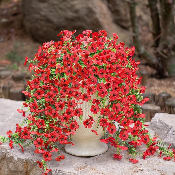 Artificial Hanging Flowers for Outdoors Fake Plants Decoration, 2 Pcs Faux Silk Daisy Flower Realistic Outdoor Flowers UV Resistant Porch Patio Window Yard Indoor Spring Decor(Red)