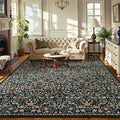 Moynesa Floral Washable 10x14 Rug, Boho Extra Large Living Room Area Rug, Botanical Dining Room Rugs for Under Table, Non Slip Ultra Thin Floor Carpet for Home Office Farmhouse, Black