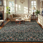 Moynesa Floral Washable 10x14 Rug, Boho Extra Large Living Room Area Rug, Botanical Dining Room Rugs for Under Table, Non Slip Ultra Thin Floor Carpet for Home Office Farmhouse, Black