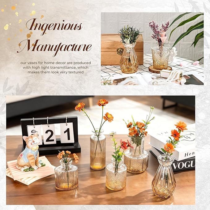 Der Rose Amber Glass Vases Set of 12, Small Bud Vases for Flowers, Rustic Wedding Centerpieces and Home Decor