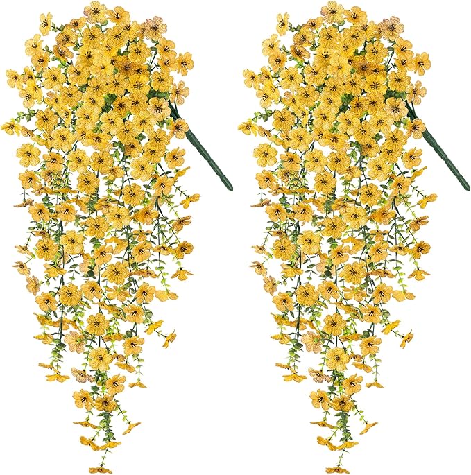 Artificial Hanging Flowers for Outdoors Faux Plants Decoration, 2 Packs Fake Silk Daisy Flower Realistic Outdoor Flowers UV Resistant Porch Patio Window Yard Outside Decor(Yellow)