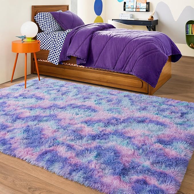 Rugs for Living Room 6x9, Soft Shaggy Modern Shag Area Rug for Bedroom, Upgrade Non-Slip Plush Fluffy Carpet for Kids Boys Girls Room Home Decor Aesthetic, Rainbow Purple