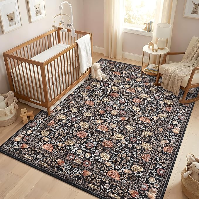 GarveeHome Brown Vintage Floral Washable Rugs 5x7 for Living Room Black Boho Botanical Retro Rug Low Pile Stain Resistance Non Slip Carpet for Bedroom Nursery Dining Room