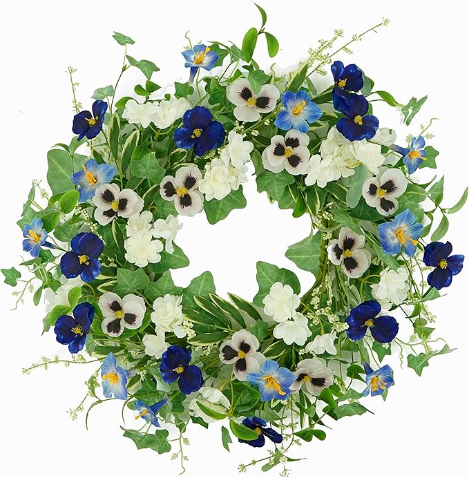 AMF0RESJ Artificial Spring Summer Wreath for Front Door with Pansy Flower,Lavender Morning Glory for Front Door Indoor Outdoor Farmhouse Home Wall Window Festival Wedding Decor,