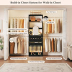 Closet System, 4-8FT Closet Organizer with 3 Wood Drawers & Glass Top, 102'' Walk in Closet with 5 Hang Rods & LED Lights & Trouser Rack, Built-in Wardrobe Clothes Rack with Shelves and Tower, Black
