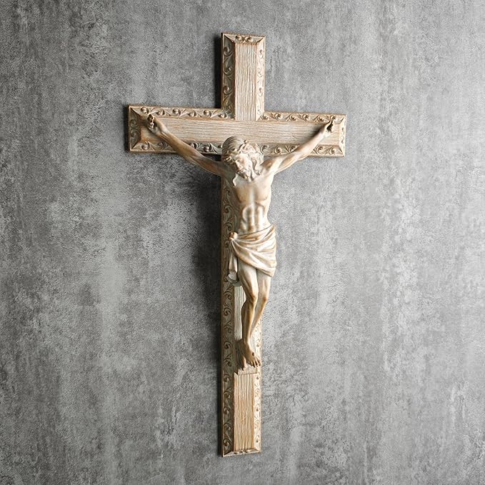 BC Catholic Crucifix Wall Cross, 12" H Jesus Christ Home Decor for Easter, Religious Devout Gift, Wood Carve Looking, Hand Painted by Buildclassic