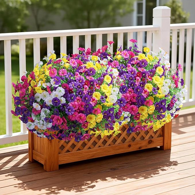 Ivydale 24 Bundles Artificial Flowers for Outdoors Faux Plants Spring Outdoor Decoration Faux Silk Morning Glory with Eucalyptus Realistic UV Resistant for Outside Porch Patio Window Garden Yard Home