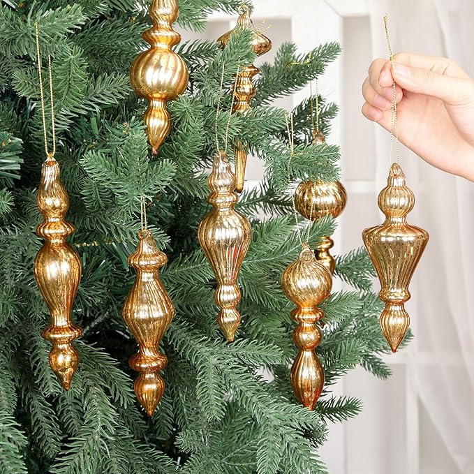 Mifoci 8 Pcs 6 Inch Mercury Glass Finial Christmas Ornaments Hanging Christmas Finials Glass Ornaments Assorted Mercury Decor for Vintage Holiday Xmas Tree Decoration(Champagne)