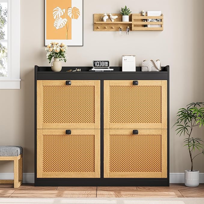 GarveeHome Shoe Cabinet Rattan with 4 Flip Drawers, Wooden Freestanding Shoe Organizer with Adjustable Shelves, Shoe Storage for Entryway, Closet, Hallway