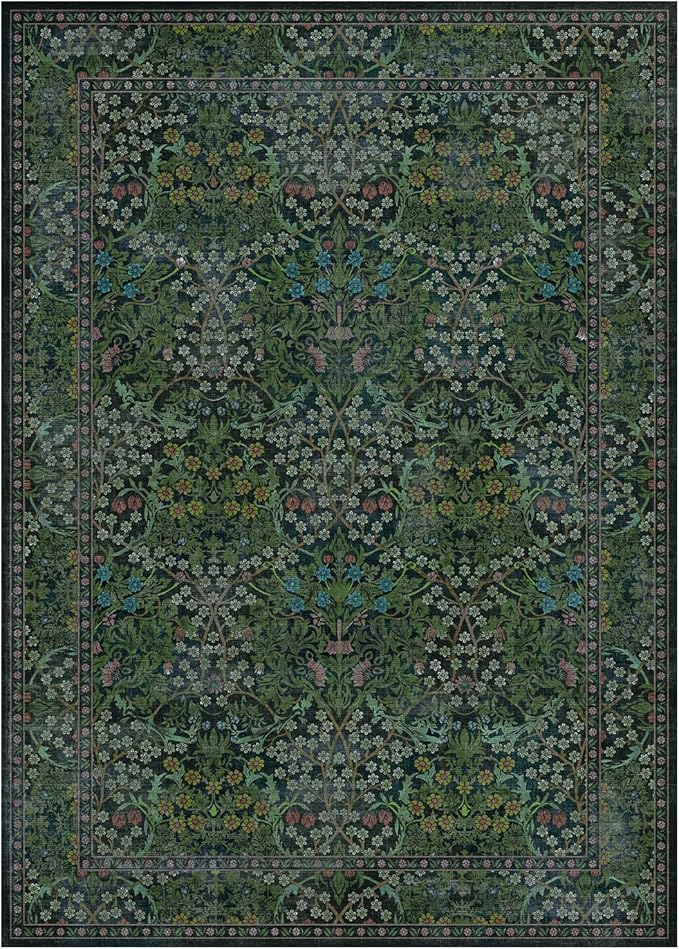 Lessymo Floral Washable Rug 9x12, Living Room Area Rugs Non Slip Boho Low Plie Large Carpet for Bedroom Dining Room Home Office, Vintage Flower Decor Distressed Retro Indoor, Forest Green