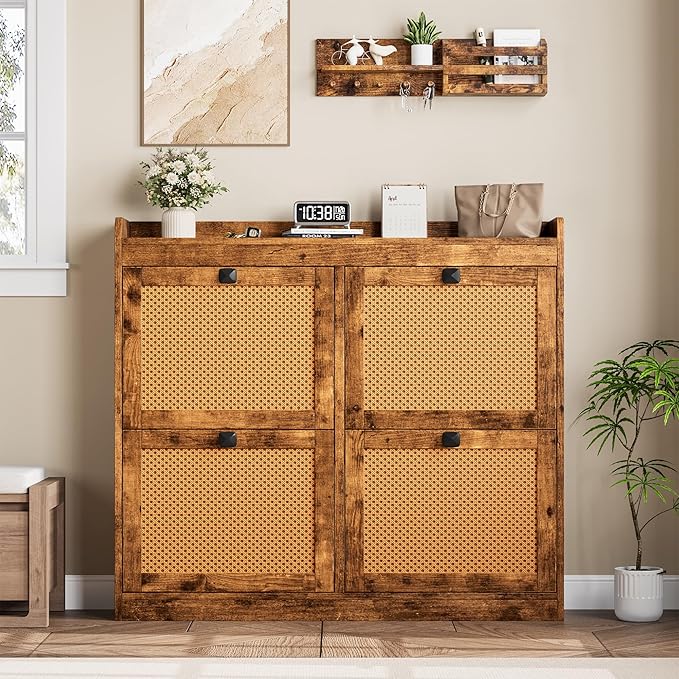 GarveeHome Shoe Cabinet Rattan with 4 Flip Drawers, Wooden Freestanding Shoe Organizer with Adjustable Shelves, Shoe Storage for Entryway, Closet, Hallway
