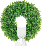 Vlorart 24 Inch Faux Round Boxwood Wreath, Weatherproof Front Door Large Wreaths Artificial Spring Summer Greenery Wreath with Sash for Farmhouse Wedding Year Round Indoor and Outdoor