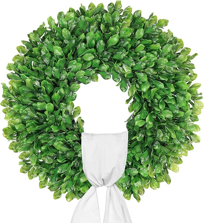Vlorart 24 Inch Faux Round Boxwood Wreath, Weatherproof Front Door Large Wreaths Artificial Spring Summer Greenery Wreath with Sash for Farmhouse Wedding Year Round Indoor and Outdoor