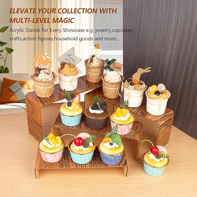 ELEGANTLIFE Acrylic Display Risers Set of 4, 4-Level Tiered Display Stands for Cupcakes, Small Figures & Jewelry, Compact Countertop Display Shelf, Multiple Colors Available (Dark Wood Grain)