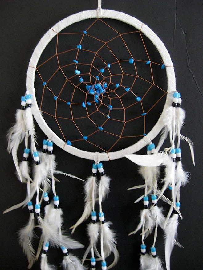 Dream Catcher Dreamcatcher - White Suede with Turquoise Stone - Hand Crafted, Large Size - 28" Long x 9" Diameter - OMA Brand (White)