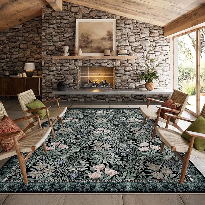 Washable Area Rugs 8x10 Black Green Vintage Floral Botanical Pattern,Perfect for Living Room, Bedroom, Kids Room, Nursery - Stain & Water Resistant Non-Slip, Pet & Child Friendly/Bedroom Decor