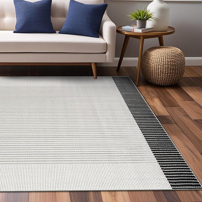 Modern Micro Loop Indoor Area Rugs for Living Room Bedroom Kitchen Geometric Striped Black-White 4x6 Luxury Durable Low and High Pile Non-Shedding Stain Resistant Soft Area Carpet 4 x 6