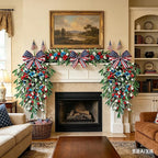 2 Pack 21'' 4th of July Swag Wreaths for Cabinets Independence Day Floral Teardrop Wreath with Artificial Flower and Eucalyptus Leaves Wreath Hanger for Farmhouse Front Door Porch Window Wall