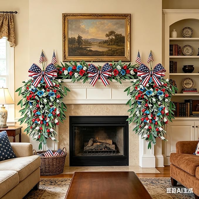 2 Pack 21'' 4th of July Swag Wreaths for Cabinets Independence Day Floral Teardrop Wreath with Artificial Flower and Eucalyptus Leaves Wreath Hanger for Farmhouse Front Door Porch Window Wall