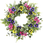 Artificial Spring Summer Wreath with Pansy Flowers,Flocked Lamb Ear Leaves,Eucalyptus Leaves,Fern Branches for Front Door Indoor Outdoor Farmhouse Wall Holiday Decor, White Gift Box Included