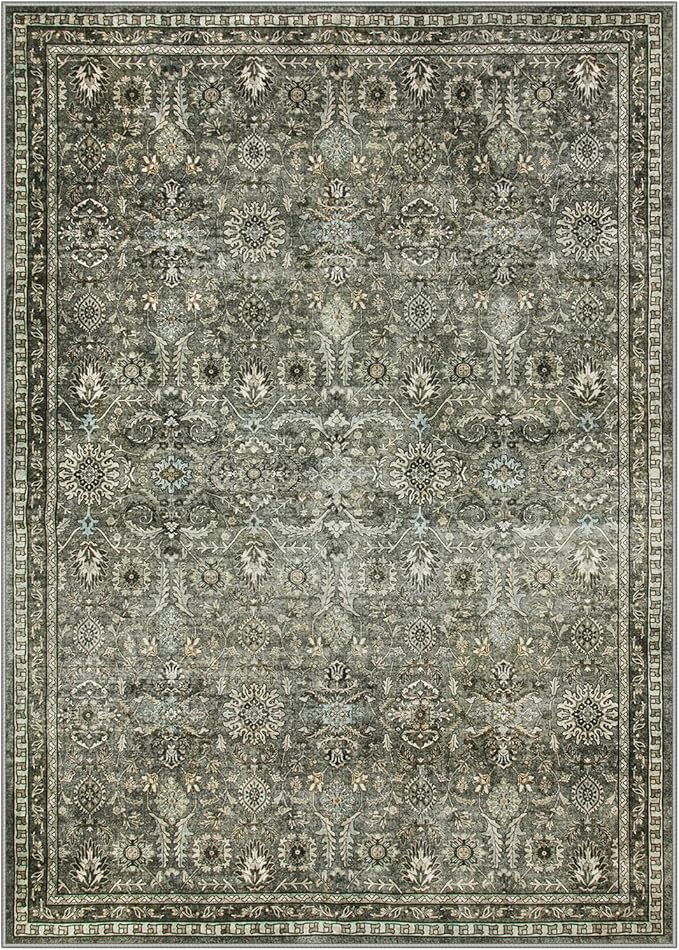 Lahome Green 10x14 Area Rugs for Living Room, Washable Vintage Large Floor Rugs for Bedroom, Rubber Backed Non-Slip Carpet for Dining Room Office