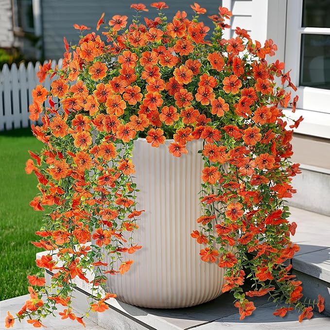 Artificial Hanging Flowers for Outdoors Fake Plants Decoration, 2 Packs Faux Silk Daisy Flower Realistic Outdoor Flowers UV Resistant Porch Patio Window Yard Indoor Spring Decor(Orange)