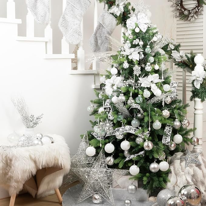 SLK 16-Pack Artificial Glitter Berry Stem Ornaments, Christmas Decorative Glittery Twigs, Picks, Branches for Tree, Wreath, Small Vase, Halloween Party (White)