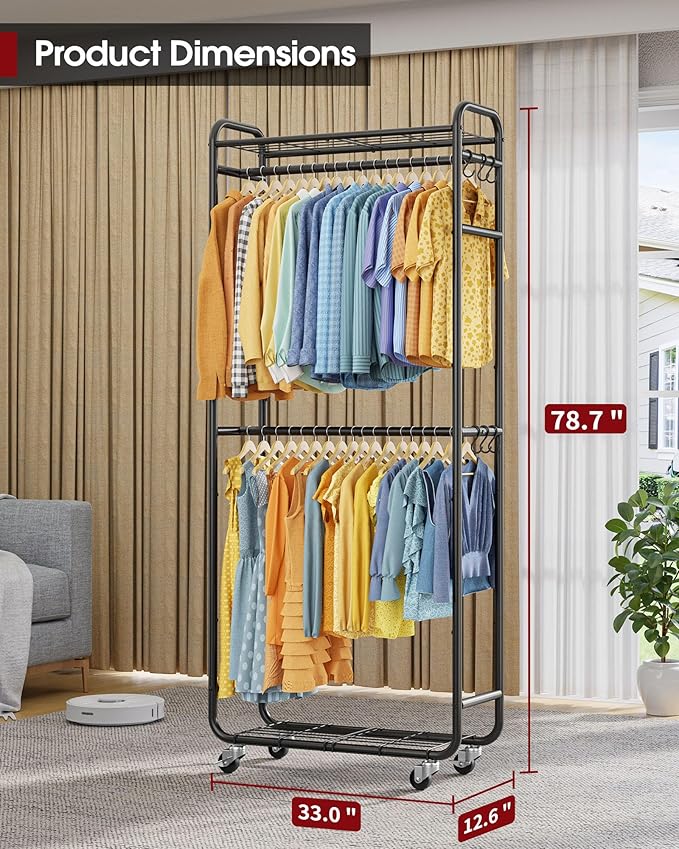 Stylish Clothes Rack - Rust-Proof Clothing Rack with Shelves, Hangers, Removable Hooks, Anti-Tip Wardrobe Closet with Lockable Wheels & Wall Anchor for Bedroom, 33.0" x 12.6" x 78.7", Black