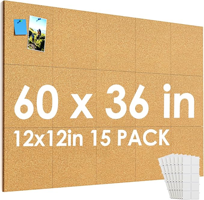 MaxGear Large Cork Board for Wall 60" x 36", 15 Pack Cork Board Tiles with 40 Pushpins & Safe Removable Adhesive Tabs, 12" x 12" Corkboards for Office, School, Home