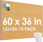 MaxGear Large Cork Board for Wall 60" x 36", 15 Pack Cork Board Tiles with 40 Pushpins & Safe Removable Adhesive Tabs, 12" x 12" Corkboards for Office, School, Home