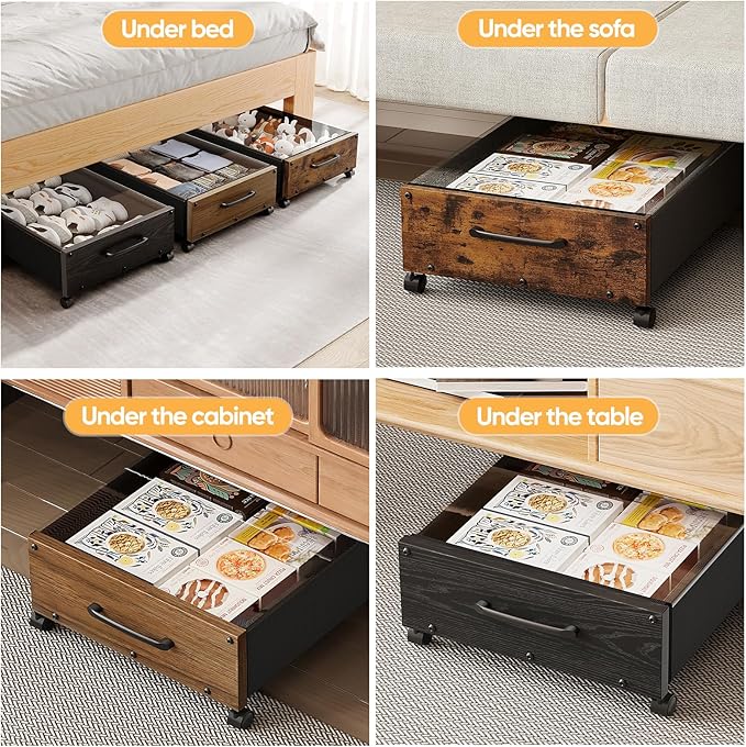 Under Bed Storage with Wheels, Rolling Underbed Storage Drawers, Wooden Under the Bed Storage with Remove Lid, Large Metal Storage Bins for Shoes Blankets Clothes Bedrooms Dorms (Vintage Brown-2pack)