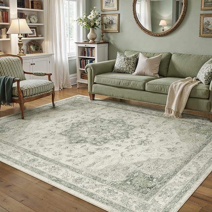 Green Area Rug 6x9 Washable Living Room Carpet Vintage Non Slip Soft Bedroom Indoor Office Retro Low Pile Thin Oriental Medallion Large Rug for Dining Room Playroom