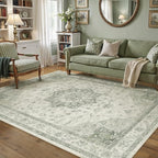 Green Area Rug 6x9 Washable Living Room Carpet Vintage Non Slip Soft Bedroom Indoor Office Retro Low Pile Thin Oriental Medallion Large Rug for Dining Room Playroom