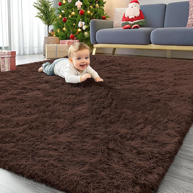 OLANLY 5x5 Area Rugs for Living Room Bedroom, Machine Washable Soft Fluffy Shaggy Bedside Rug, Indoor Floor Carpet for Kids Girls and Boys, Dorms, Nursery Rooms, Home Decor Aesthetic, Coffee