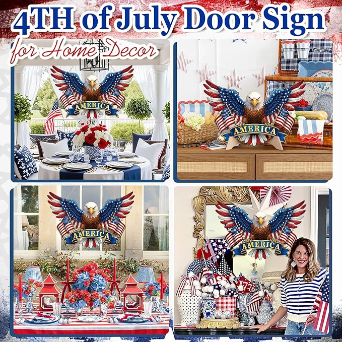 Wooden 4th of July Decoration Door Wreath for Front Door Sign America Eagle Wall Signs,250 Anniversary Independence Day Patriotic Day Wreath Welcome Memorial Day Hanging for Home Party Outdoor Indoor