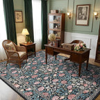GarveeHome Indigo Blue and Pink Vintage Floral Washable 8x10 Area Rugs for Living Room Boho Retro Rug Low Pile Stain Resistance Non Slip Carpet for Bedroom Nursery Dining Room