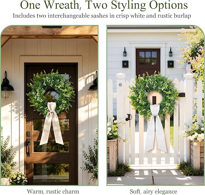 26 Inch Large Artificial Boxwood Wreath for Front Door All Season, Summer Wreaths with 2 Sashes, Baby's Breath, Eucalyptus and Flower Buds, Farmhouse Greenery Decor for Outdoor, Porch, Home