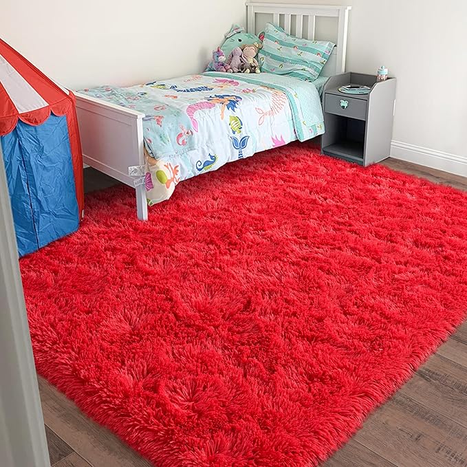 Rugs for Living Room 8x10, Soft Shaggy Modern Shag Area Rug for Bedroom, Upgrade Non-Slip Plush Fluffy Carpet for Kids Boys Girls Room Home Decor Aesthetic, Red