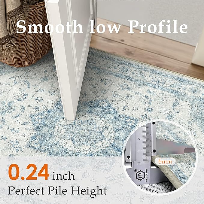 Blue Runner Rug 2x8 Washable Vintage Carpet for Hallway Kitchen Soft Retro Low Pile Thin Indoor Runner Non Slip Oriental Medallion Long Throw Rug for Bathroom Bedroom Laundry Dining Room