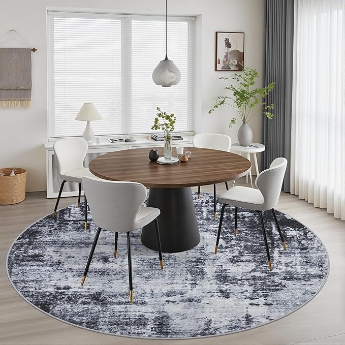 Round Area Rug for Living Room: 8 ft Washable Modern Abstract Soft Thin Rug Indoor Floor No Slip Stain Resistant Carpet for Bedroom Dining Room Farmhouse Nursery Home Office - Dark Black
