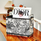 Jungle Theme Magazine Holder - Black & White Embroidered Fabric Magazine Rack Floor, Vintage Faux Leather Newspaper Book Basket Box for Bathroom, Living Room and Toilet (Random Pattern)