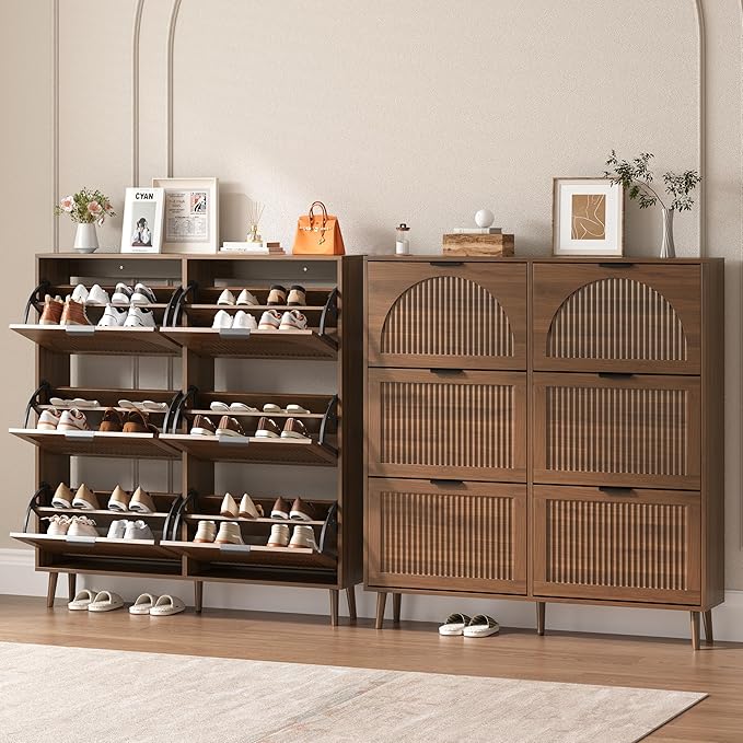 Shoe Cabinet for Entryway with 6 Flip Drawers, Slim Wooden Shoe Storage Organizer with Modern Fluted Pannel，Freestanding Narrow Hidden Shoe Rack for Hallway, Foyer, Living Room